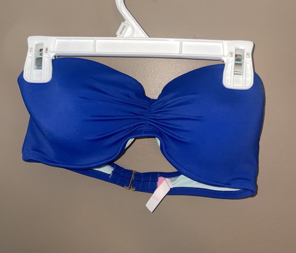 Victoria’s Secret Blue Strapless Bikini Top Golden Clasp Back Sz 32 DD